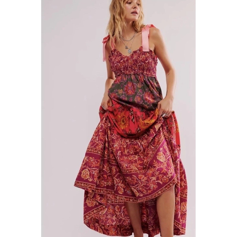 Free People Pink Red Floral Boho Maxi Dress
